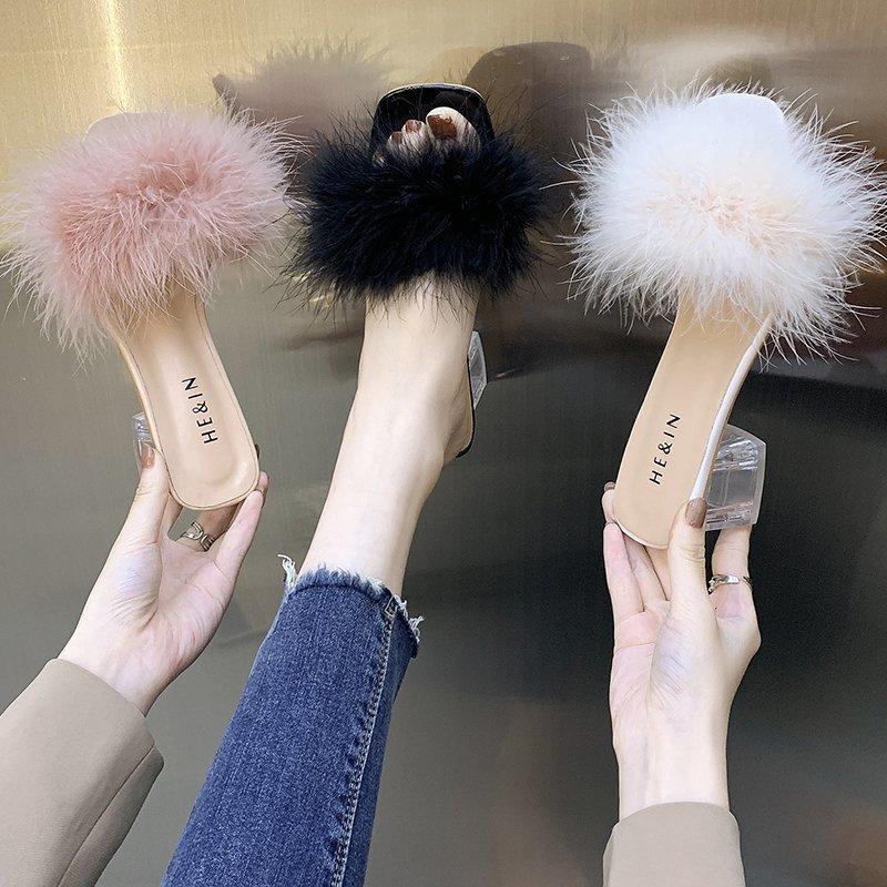 Fashion Fashion Slippers Women's Summer New Open Toe Plush Fox Fur Chunky with Flip Flops Sexy Home Banquet Square Toe Simple Pumps