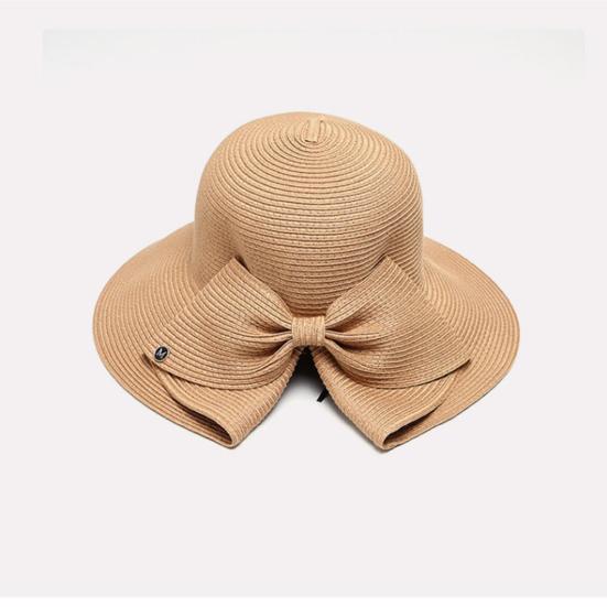 Frauen Sommer Zurück Bowknot Dekor Sonnenhut Breite Krempe Runde Kuppel Atmungsaktive Einstellbare Anti-UV Strand Stroh Hut