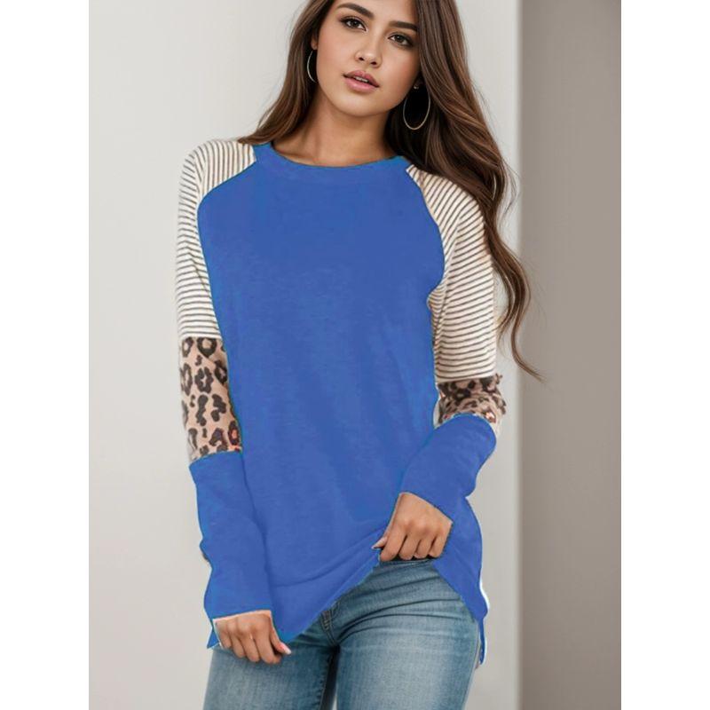 Cross-Border Fashion Autumn New round Neck Stripes Leopard Print Print Contrast Color Raglan Sleeve Long Sleeves T-shirt Women's Fashion All-Matching