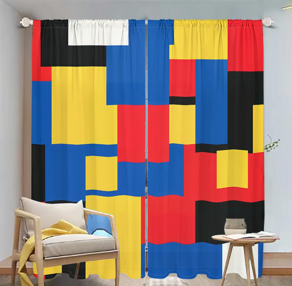 2Pcs Mondrian Style Curtains 3D Colorful Square Pattern Living Room Study Sunshade Modern Art Decor Curtains