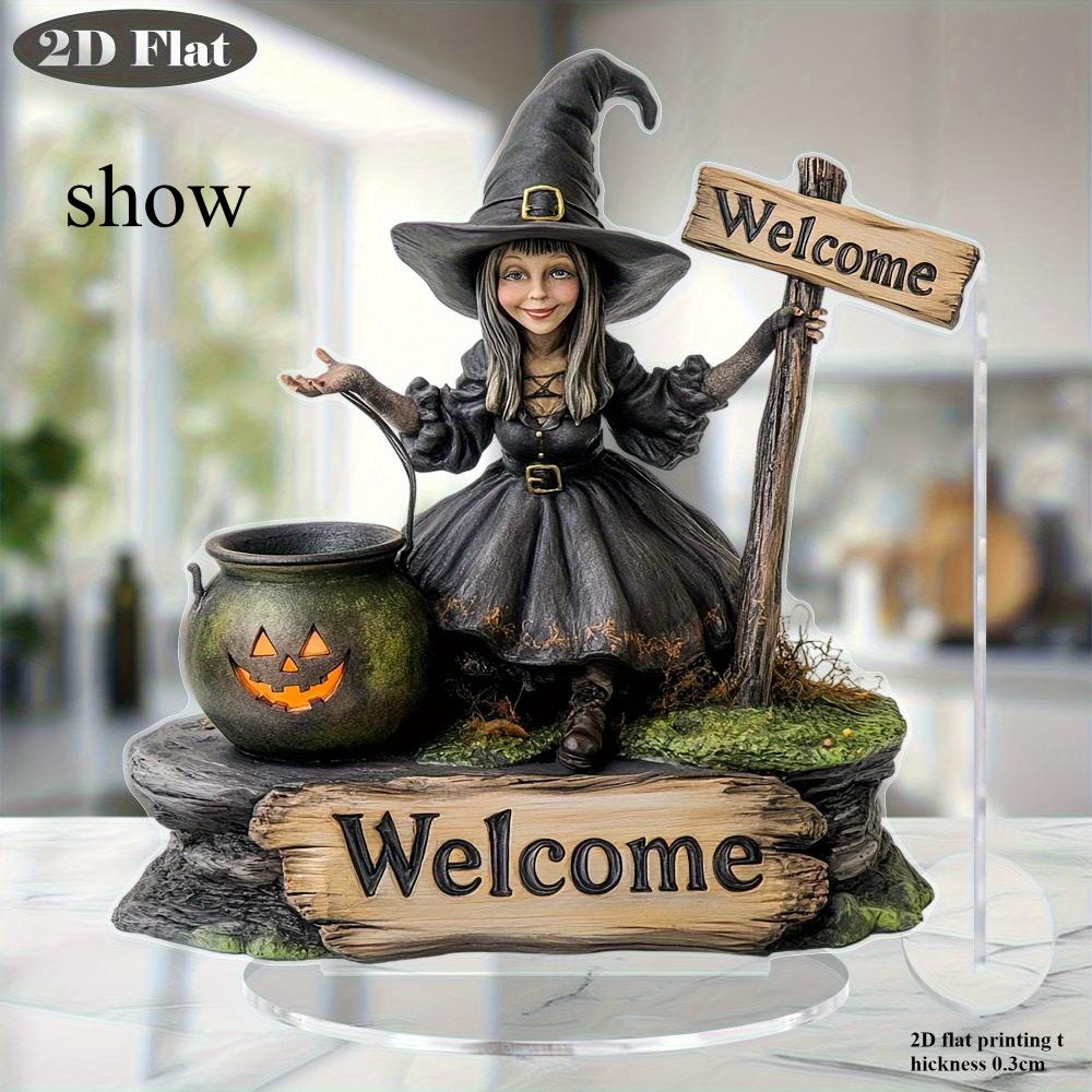 2D Flat Halloween Witch Pumpkin Acrylic Decoration - with Welcome Logo, Vintage Tabletop Ornament with Base, Perfect Halloween Gift
