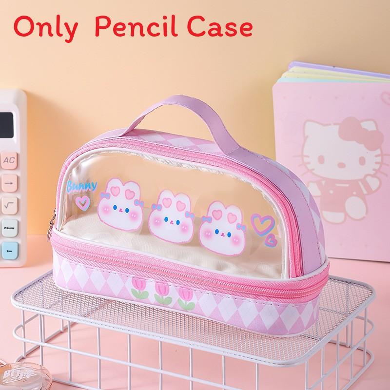 Cartoon Bunny Double Layer Transparent Pen Case With Storage For Students And Gift Use