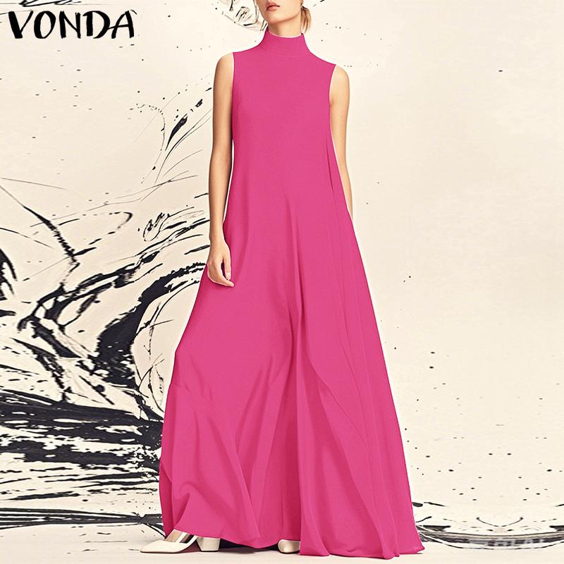 VONDA Women Summer Stand Collar Sleeveless Solid Color Dresses