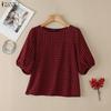 ZANZEA Women Casual Round Neck Plaid Print Loose Short Sleeve Blouse
