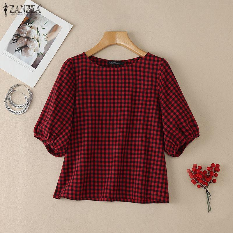 ZANZEA Women Casual Round Neck Plaid Print Loose Short Sleeve Blouse