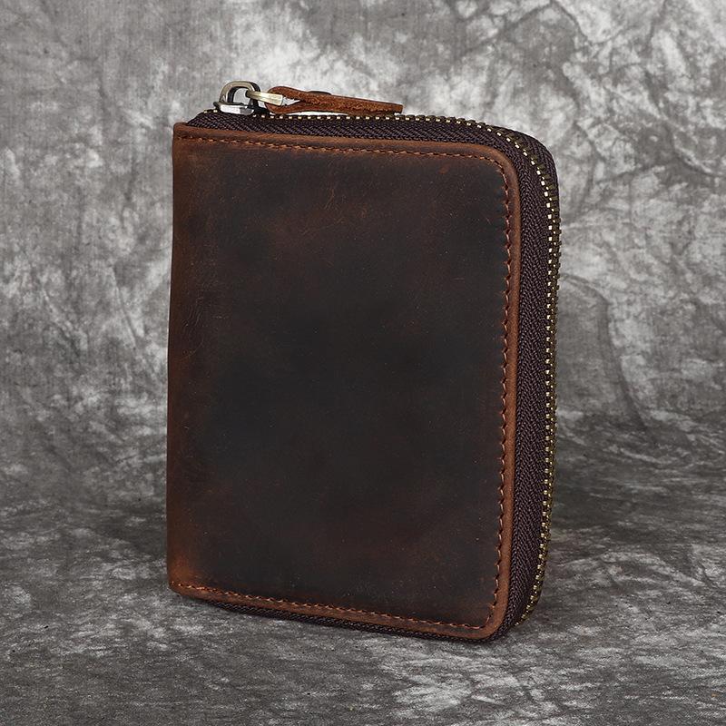 Crazy Horse Leather Men's Zipper Wallet Vertical Full Leather Money Clip Layer Leather Retro Handmade Silver Bag