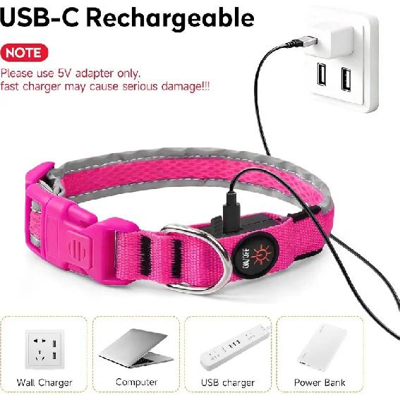LED Dog Collar USB Rechargeable Light Up Pet Collar Glowing Nylon Adjustable Soft Night Safety Collar for Small Medium Dogs