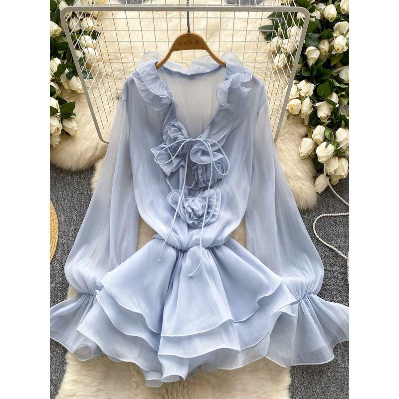 Fairy Skirts 2025 New Atmosphere V-neck Three-Dimensional Flower Lace-up Waist Hugging Frill Chiffon Dress Women