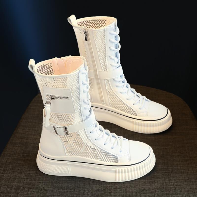 Fashion Summer Boots for Women Fashion High Top Casual Platform Boots Breathable Hollow Out Mesh Boots for Women Mid-Calf Botas Sneakers