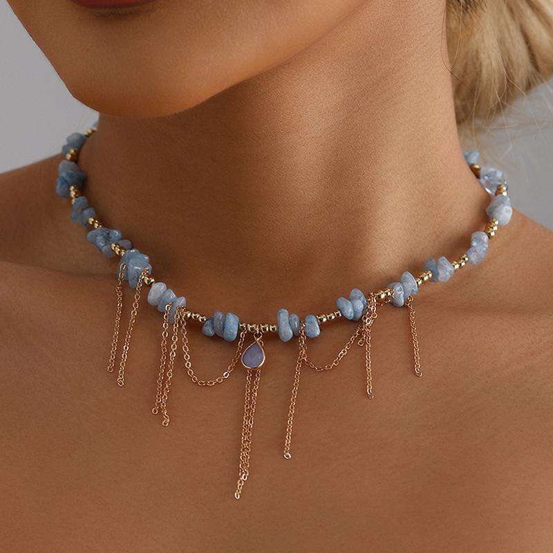 

LATS Water Droplet Tassel Design Collarbone Chain Natural Stone Necklace for Women Fashion Zircon Party Gifts