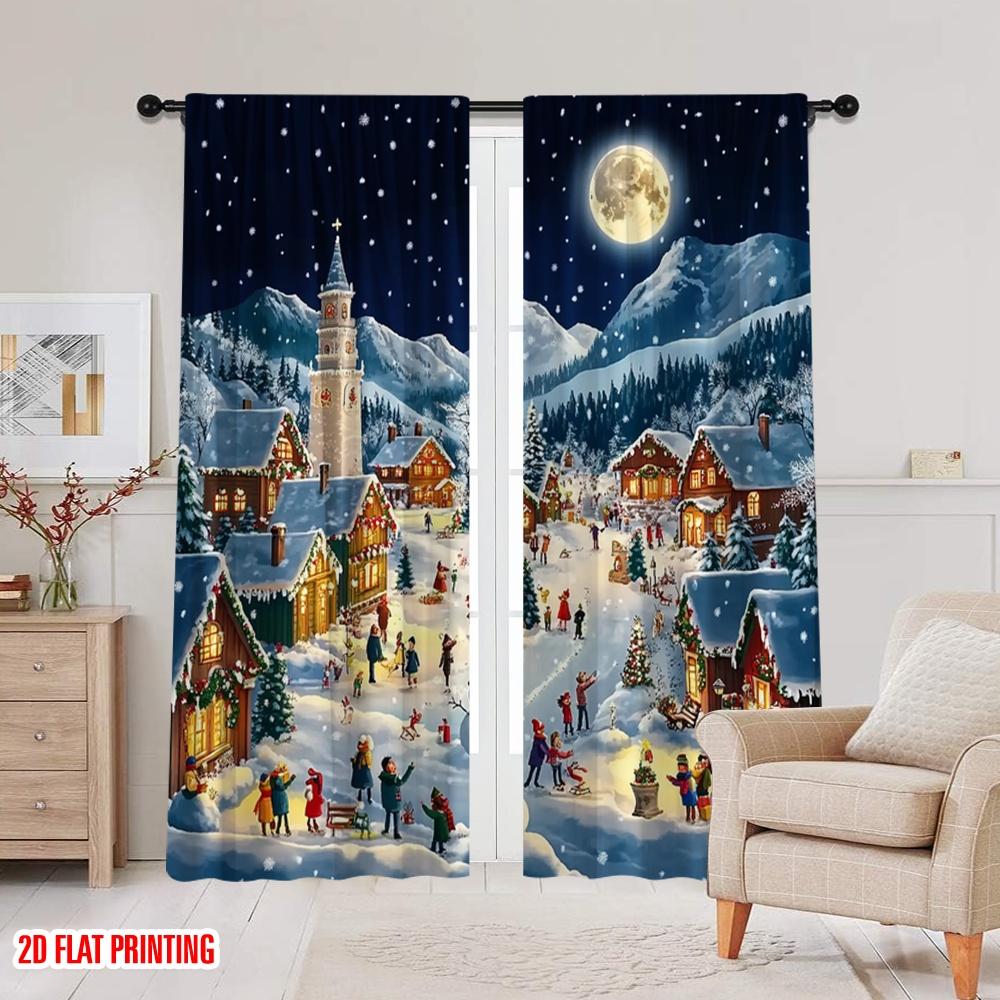 2pcs 2D flat printing Merry Christmas Curtain Cartoon villages and cedar trees 100% Polyester Without Electricity Birthday Party