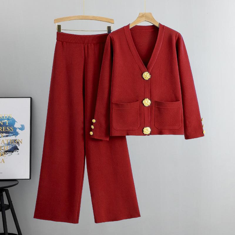 European Style Women's Autumn/Winter Knit Cardigan & Wide-Leg Pants Set