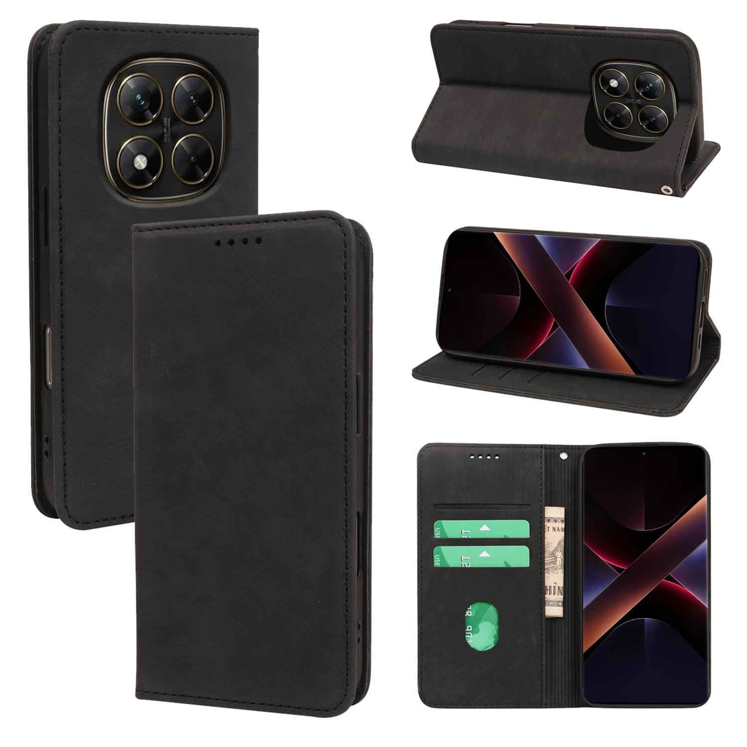 

Чехол для Xiaomi Redmi Note 14 Pro 5G/Poco X7 5G Сильный магнитный кожаный кошелек Чехол для телефона с текстурой в полоску Black