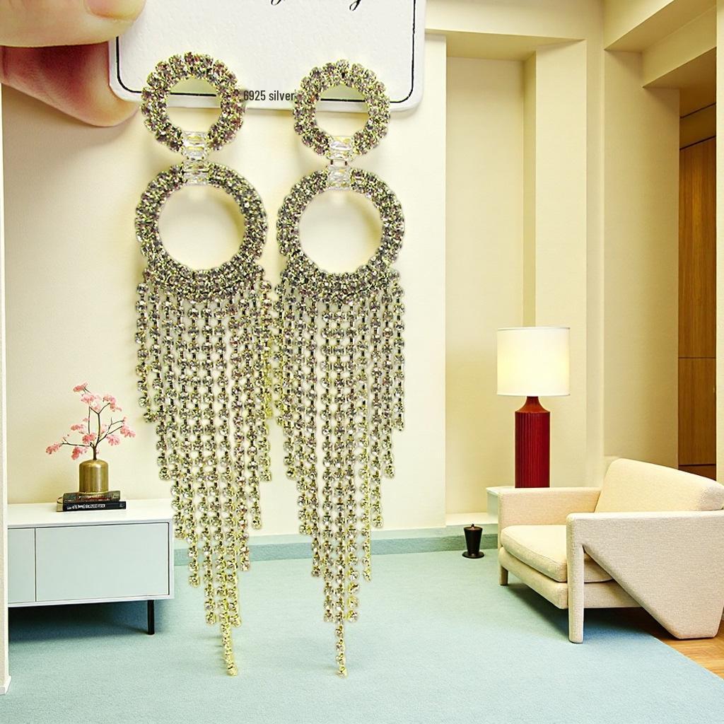 Exaggerated Trendy Long Tassel Rhinestone Circle Dangle Earrings with Micro-Pavé, Cross-Border Fashion High-End Design.