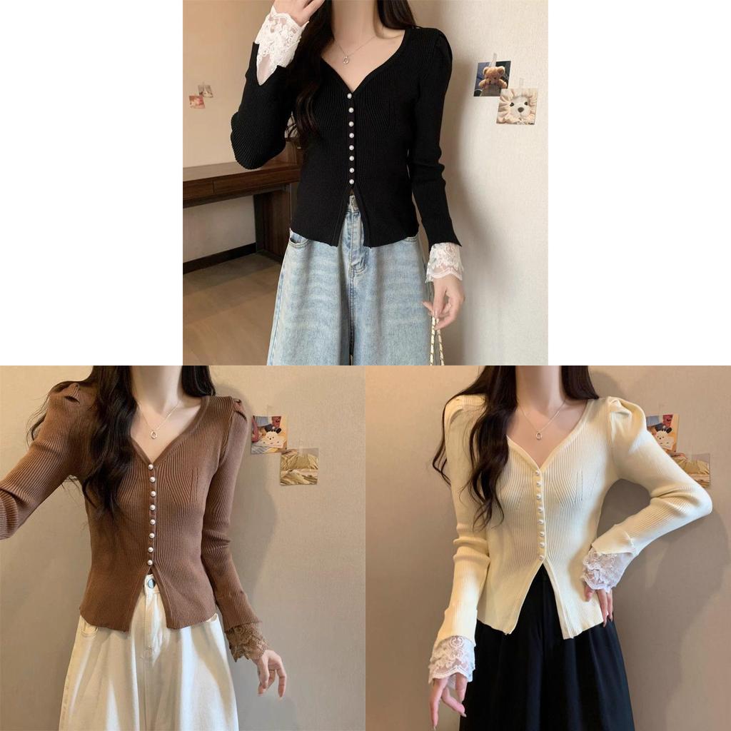 Private Lady Knit Cardigan With Lace Splicing And Princess Sleeves For Spring Wear