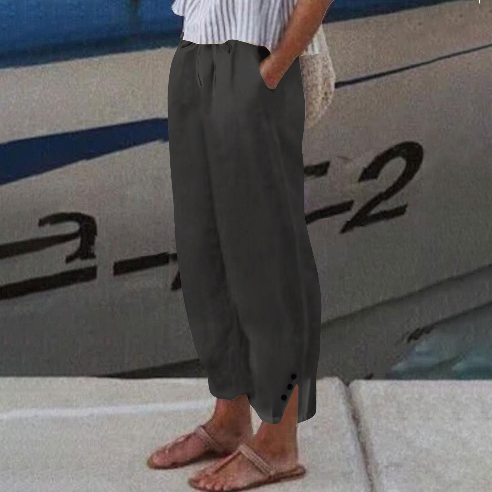 

Женские льняные укороченные брюки - повседневные брюки с разрезом на пуговицах S