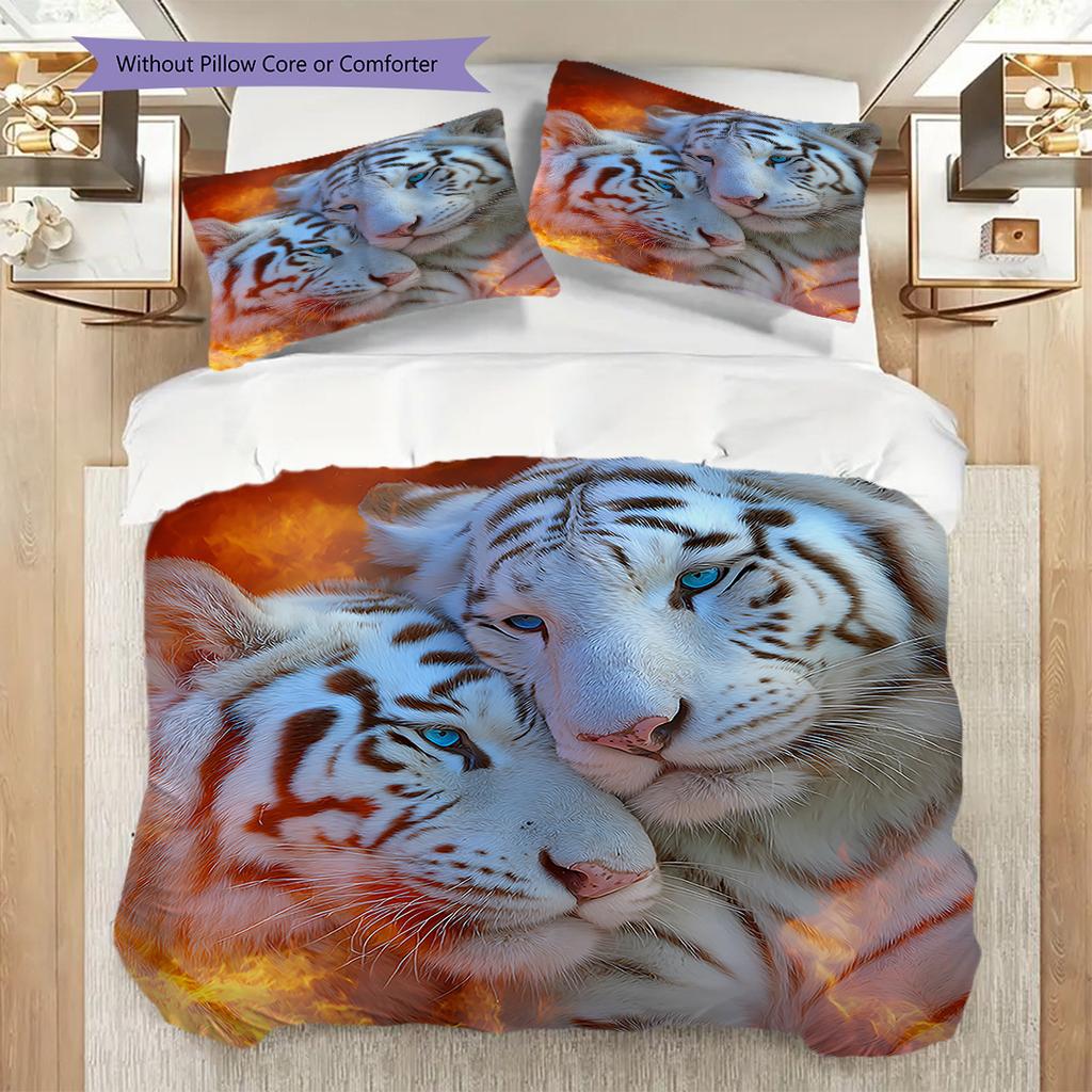 White Tiger Pattern Bedding Quilt Set Quilt Cover Pillowcase Home Decoration Birthday Gift (1 * Duvet Cover + 2 * Pillowcase, Without Core)