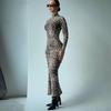 Women's Round Neck Long Sleeve Tight Bag Hip Slit Sexy Hot Casual Fashion Leopard Print Dress
