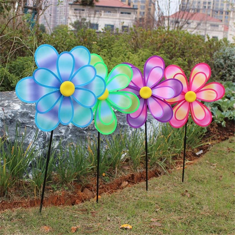 Lawn Decoration Spinner Two Layer Pinwheels with Stakes Eye Catching for Garden