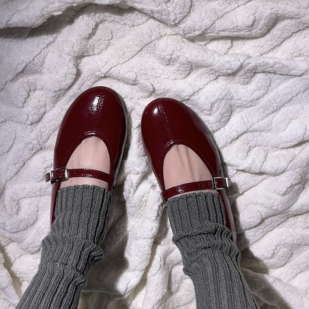 Leather Version Za Retro Round Head Small Red Shoes Women's Flat Ballet Shoes Versatile Shallow Mouth Mary Jane Shoes Women's Single Shoes