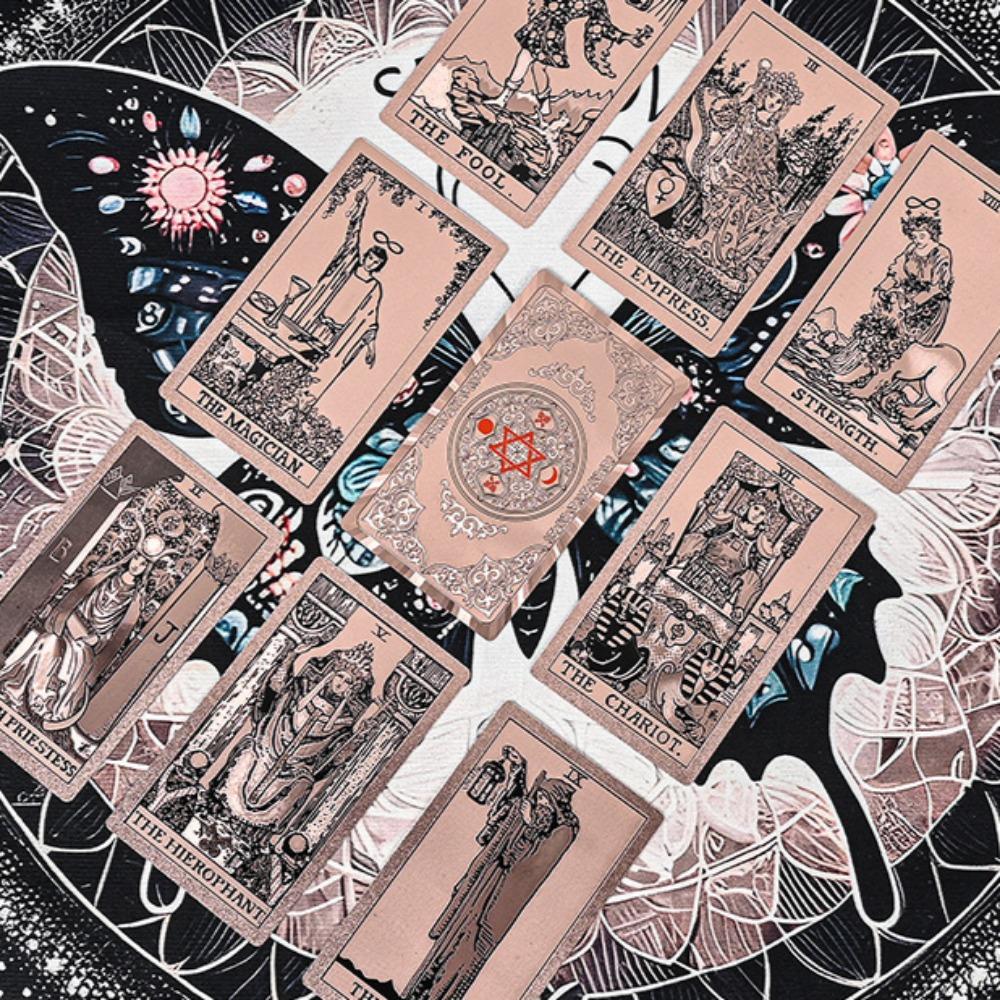 Hexagram Gold Foil Tarot Cards with Rose Pattern, 78 Cards Rider Tarot Deck 12*7cm, with Paper Instruction Guide