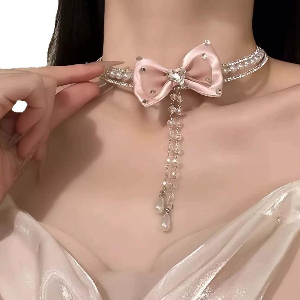 Collier avec Perles Nœud Argenté Pompon Bijou de Cou Brillant Perles Personnalisées Choker Strass pour Cadeau