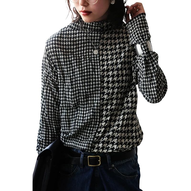 

[antiqua] [Antica] Houndstooth pattern mellow tops ladies pullover PA-03741 Onesize 01 Black x beige