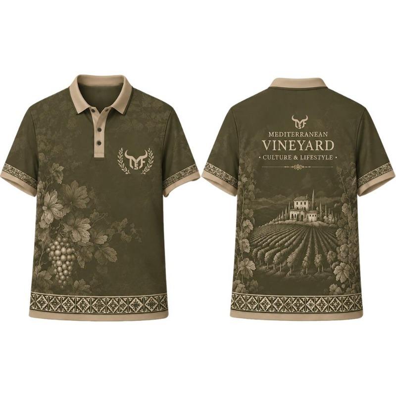 Vintage Mediterranean Vineyard Print Polo Shirt Summer Lapel Short Sleeve T-Shirt Men's Grape Chateau Graphic Casual Golf Shirt
