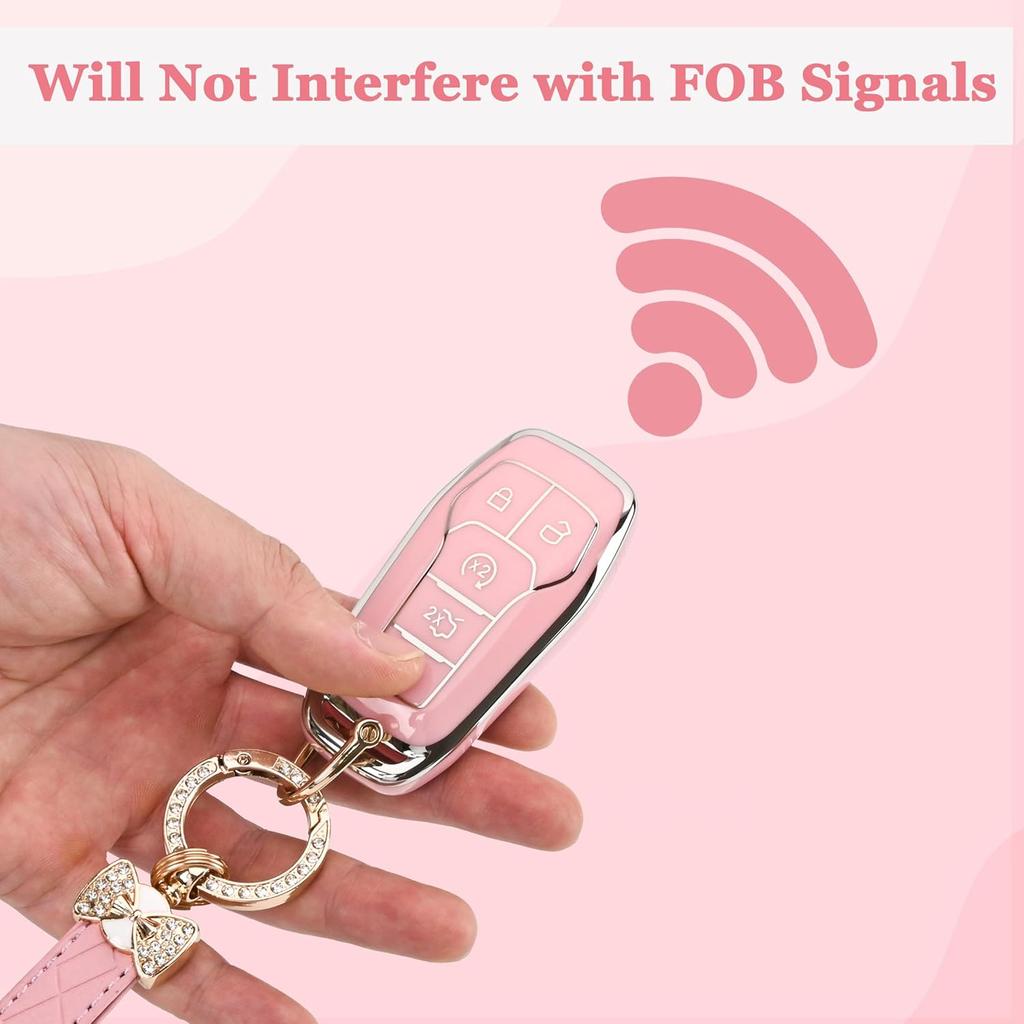 For Ford Key Fob Cover - Soft TPU Key Fob Case For Ford Edge Fusion Explorer Mustang Lincoln MKZ MKC MKX Smart Keyless Remote Key(Pink)