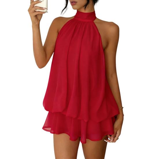 Women's Halter Neck Chiffon Mini Dress Summer Sleeveless Cocktail Party Dress Ruffle Wedding Guest Dress