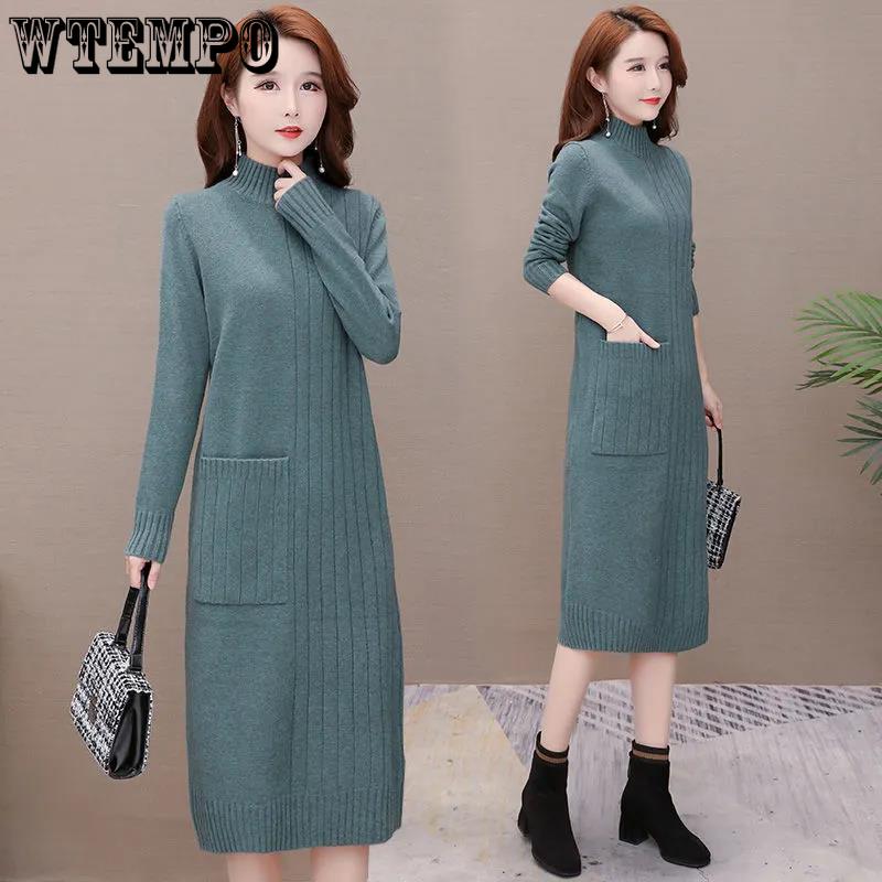 Knitted Dress for Women In Autumn and Winter Korean Style Loose Mid-length Pullover Solid Color Half Turtleneck Sweater Dress