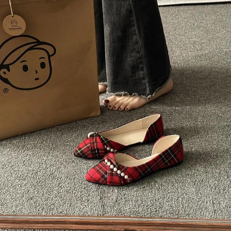 Women's Shoes 2024 New One Kick Women's Flats Autumn Pointed Toe Beads Lattice Solft Sole Shallow Casual Office Ladies Shoes