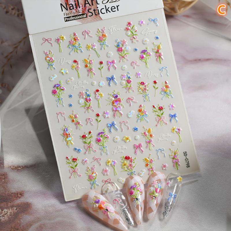 

1 Sheet 3D Spring Flower Series Nail Stickers Colorful Rose Bouquet Nail Decal Self-Adhesive Daisy Ribbon Bow Manicure Sticker C