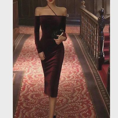 Elegancka burgundowa sukienka aksamitna na jedno ramię, spódnica imprezowa inspirowana stylem retro