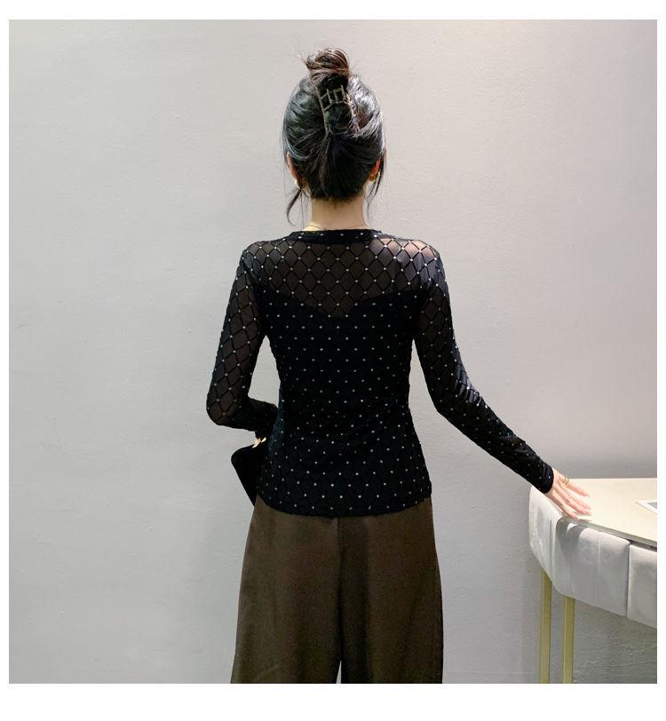 Chic Mesh Long Sleeve Top with Nail Beads & Diamond Accents - Stylish, Slim, and Breathable Women's Autumn Shirt