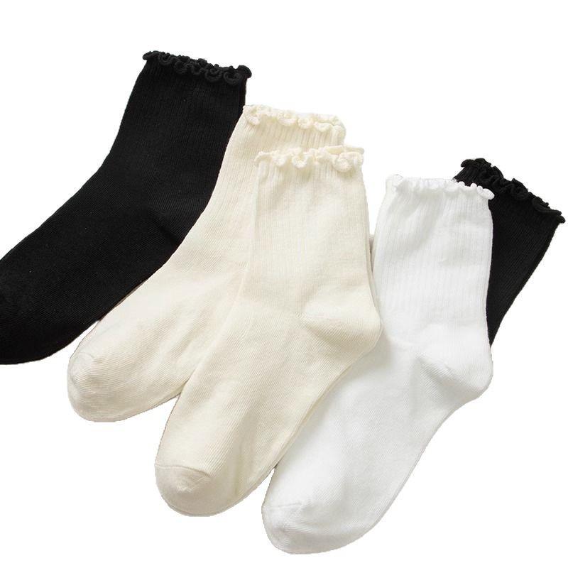 Chaussettes de Cheville à Volants Style Académie Lolita Japonaise - Sangles Croisées & Coton Couleur Unie