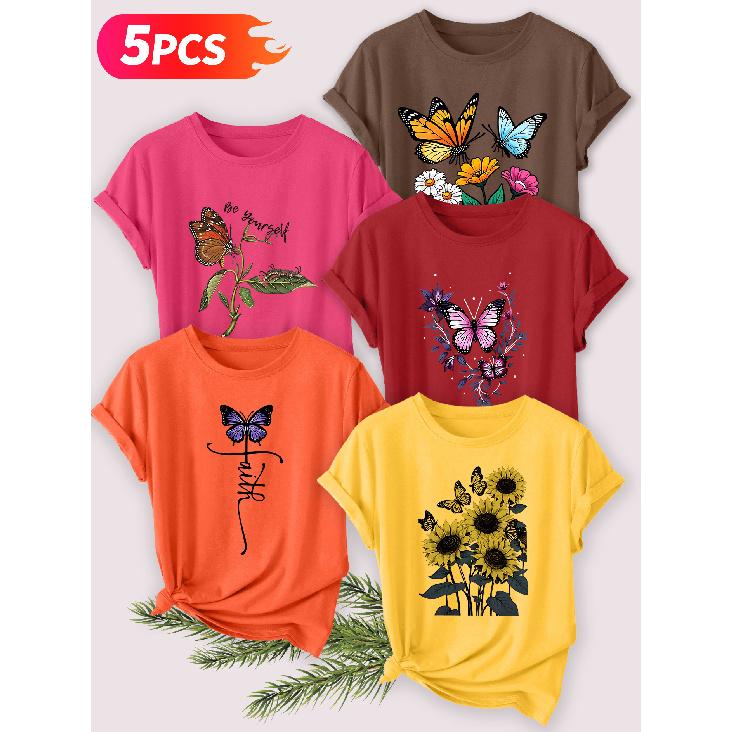 Five-piece Set Elegant Short-sleeved Shirt for Women Butterfly Sunflower Series Printed Round Neck Women's Short Sleeve Suitable for Spring and