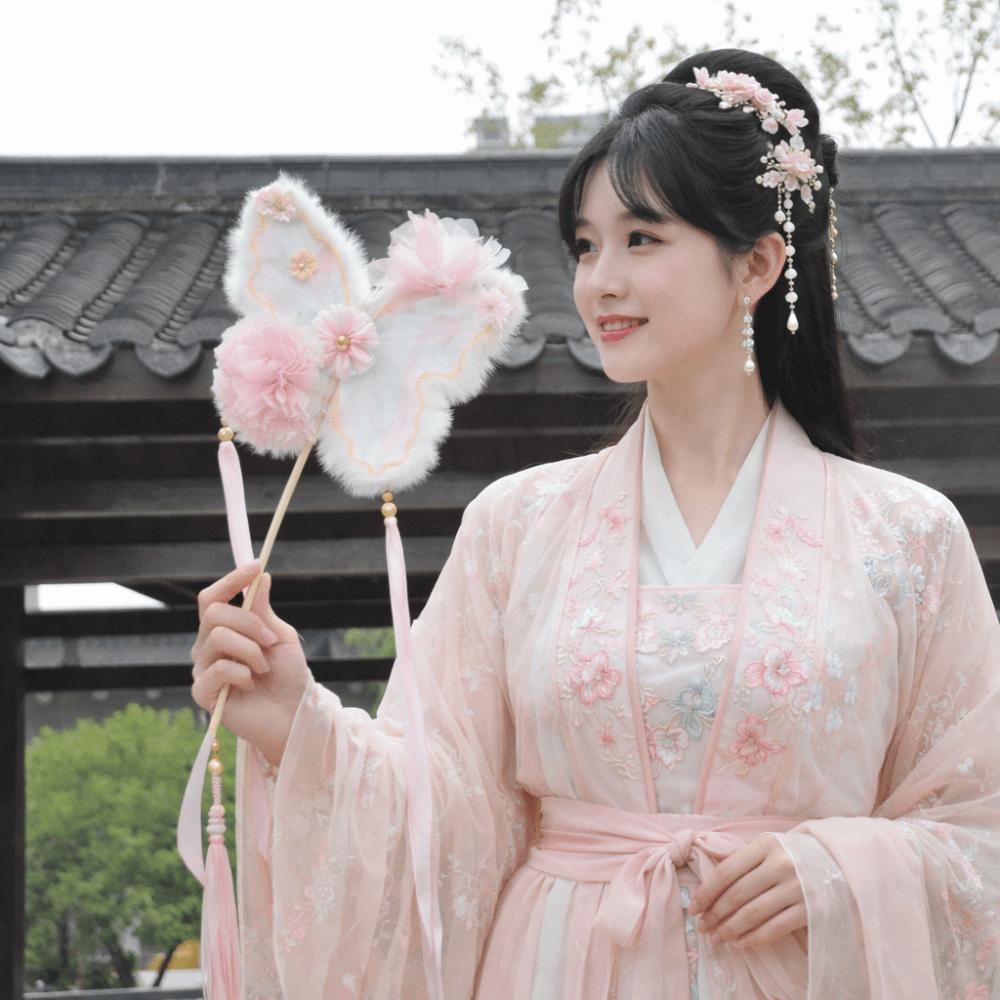 Decorative Fluffy Butterfly Handheld Fan Chinese Style Ancient Embroidered Fan Handmade with Tassel Fairy Fan Dance Performance