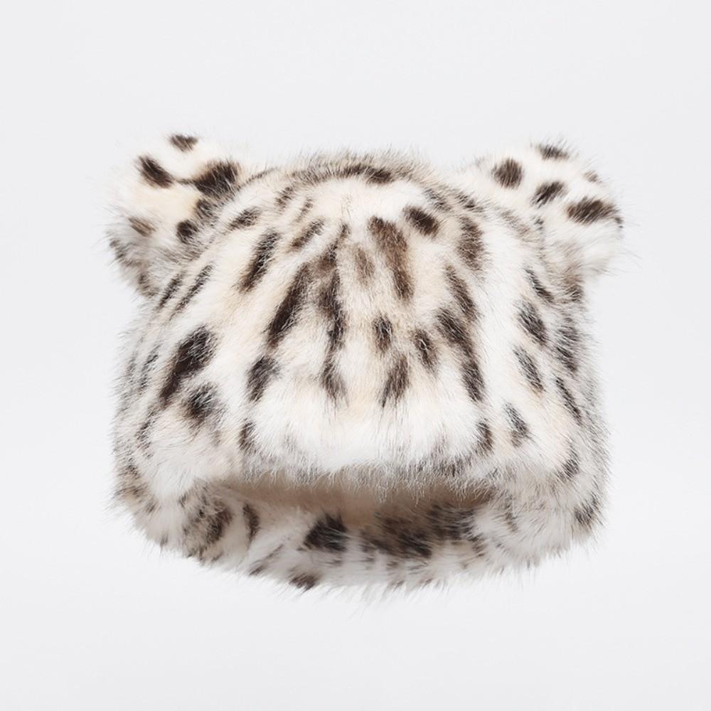 Bear Ear Leopard Plush Hat Keep Warm Ear Protection Hats Cute Beanie Cap  Winter 1