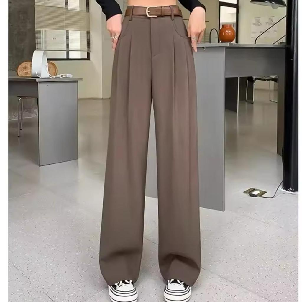 Elegant High-Waisted Drapey Suit Pants for Women - Spring/Autumn, Floor-Length, Straight & Wide-Leg Style.