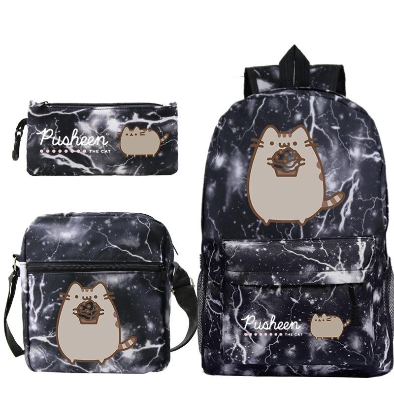 Pusheen fette Katze niedlicher Cartoon bedruckter Schulranzen grenzüberschreitende Studenten tragbare Umhängetasche Federmäppchen dreiteiliges Set
