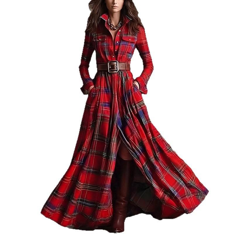 2026 Womens French Chic Midi To Maxi Dress High-Waisted A-Line With Asymmetrical Hem Striped Or Plaid Print Long Sleeve