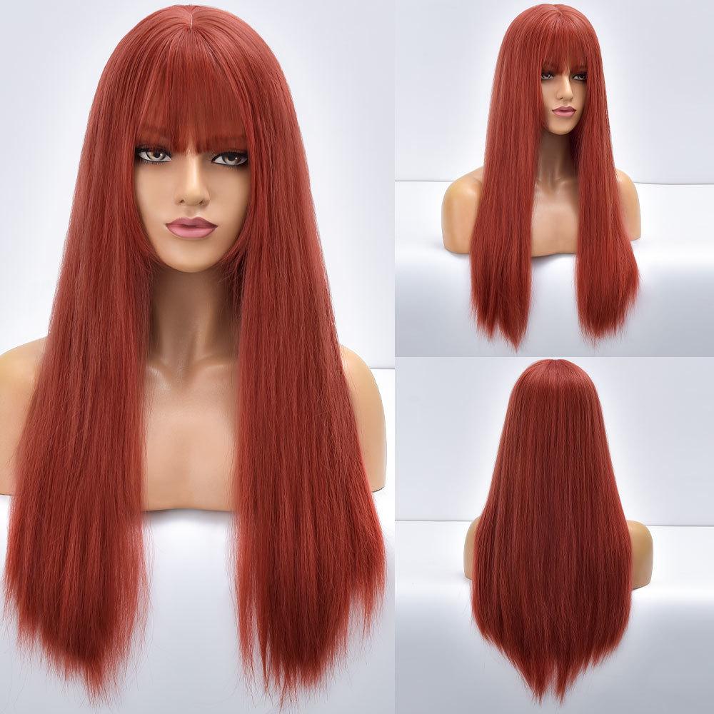 Natural Black Straight Synthetic Wigs For Women with Bangs 28Inch Daily Party Cosplay Wigs Heat Resistant Natural Hair Wig
