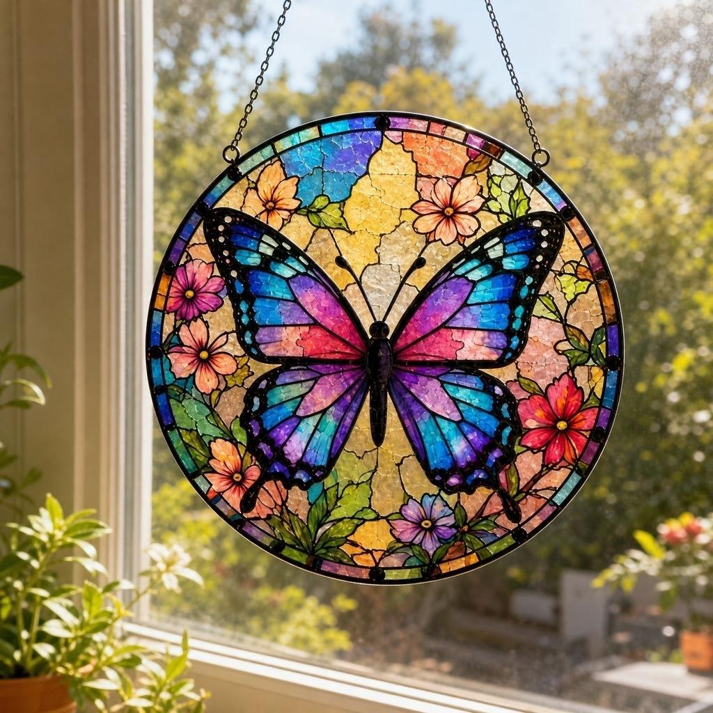 Butterfly Acrylic Flat Puzzle Sun Catcher Hanging Decoration Window Ornament with Chain for Indoor Outdoor Use