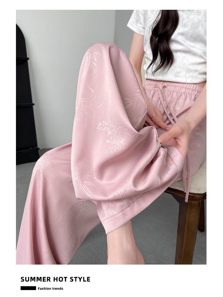Spring 2025 New Chinese Jacquard Satin Wide-Leg Ice Silk Pants – Women's Popular Casual Style