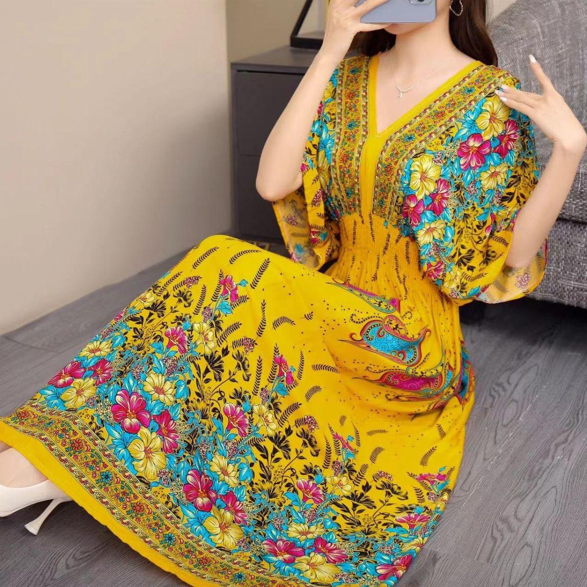 

Богемный цветочный модный летний платье для женщин макси длинный пляжный отдых путешествия индийская одежда Vestidos винтажный повседневный XXL жёлтый