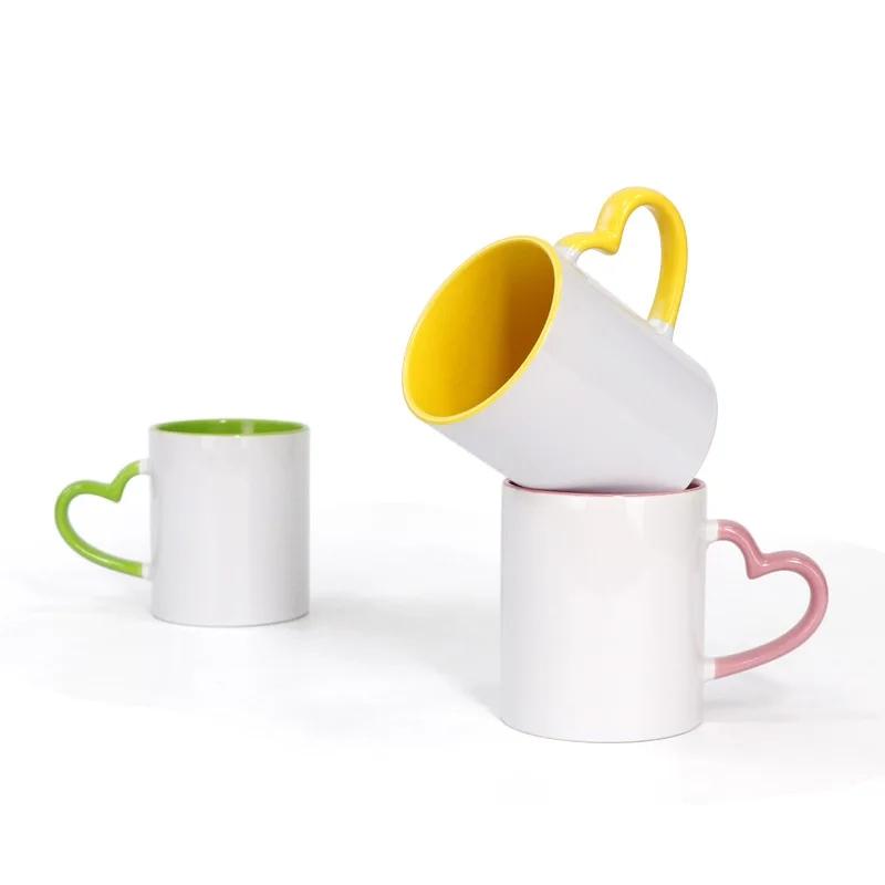 11oz Keramik Hitze Sublimation Rohling Farbe Tasse Herz Runder Griff Kaffee Tee Tasse Benutzerdefiniertes Logo Bild Drucken
