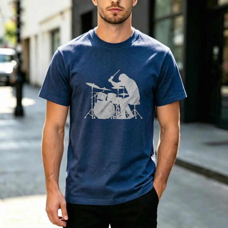 Vintage Rock Drummer Drum Kit Silhouette Graphic T Shirt Unisex Unisex Cotton Crewneck Musician Band Tee Summer Casual Streetwear