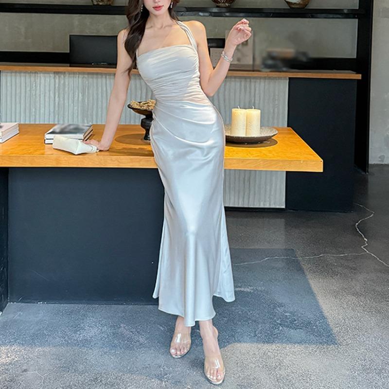 Summer New Mesh Satin Splicing Neck Dress Women's Waist and Thin Hip Dress Suspender Skirt