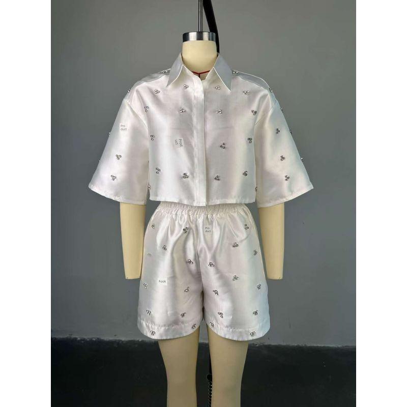

Western Style New Beads Lapel Short Shirts Shorts Set Nail Bead Shirt Shorts Set White S